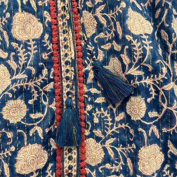 Indigo Desert Block Print Blouse Top Large Blue Floral Metallic Boho Beachy - Picture 8 of 12